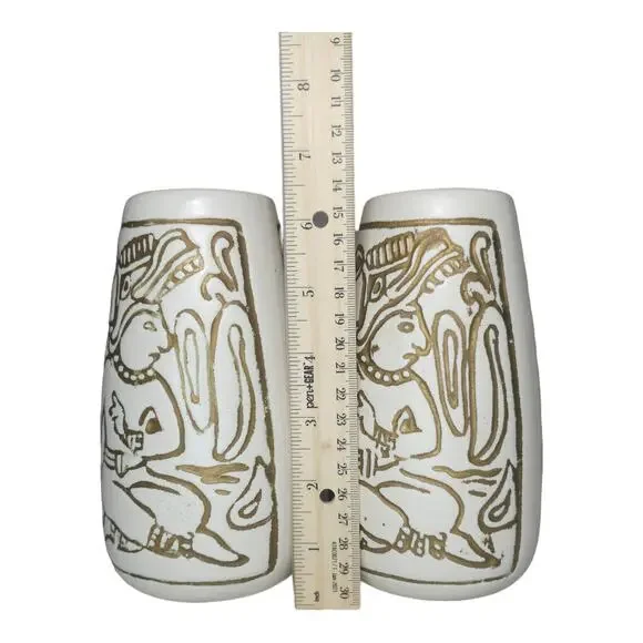 Vintage Mid-Century Mayan Aztec Native Design Vase Pair Cream Gold USA Made - Picture 10 of 16